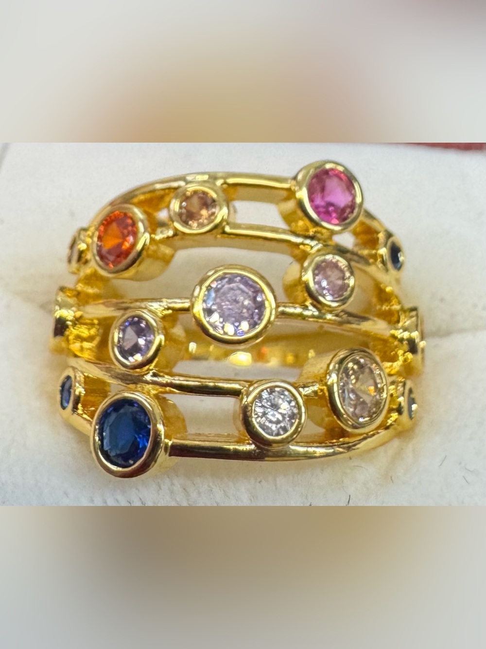 Gold Plated Multi-Row Ring with Blue, Pink, Purple, Orange & Clear Stones
